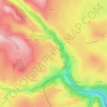 Carte topographique Aubac, altitude, relief
