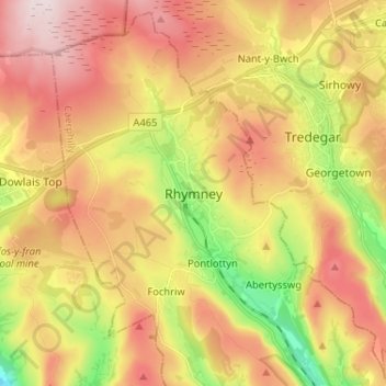 Carte topographique Rhymney, altitude, relief