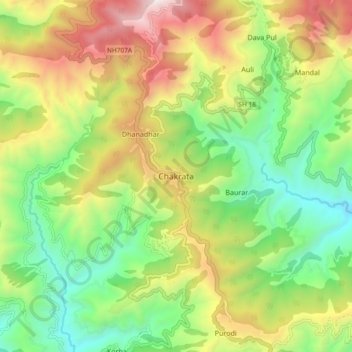 Carte topographique Chakrata, altitude, relief