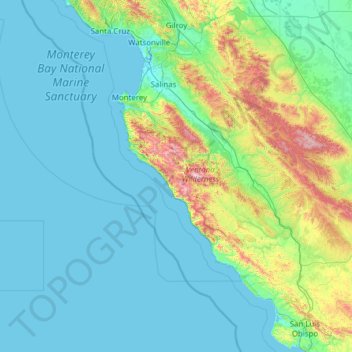 Carte topographique Big Sur, altitude, relief