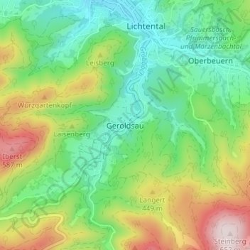 Carte topographique Geroldsau, altitude, relief