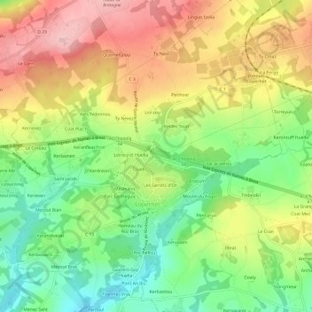 Carte topographique Coadic Bihan, altitude, relief