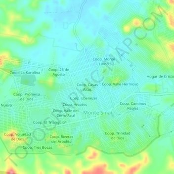 Carte topographique Coop. Casas Altas, altitude, relief