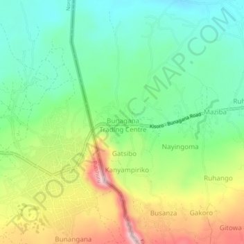Carte topographique Bunagana, altitude, relief
