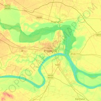 Carte topographique Prayagraj, altitude, relief