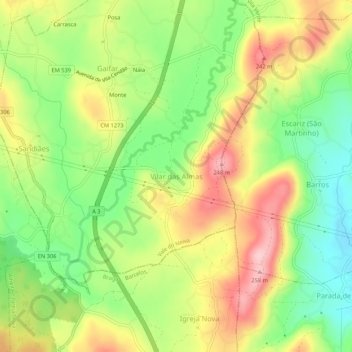 Carte topographique Vilar das Almas, altitude, relief
