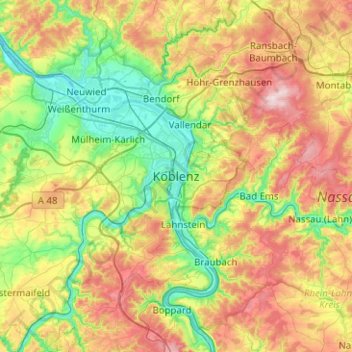 Carte topographique Koblenz, altitude, relief