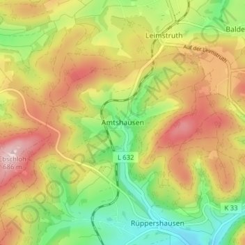 Carte topographique Amtshausen, altitude, relief