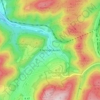Carte topographique Elleringhausen, altitude, relief
