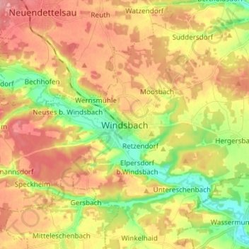 Carte topographique Windsbach, altitude, relief