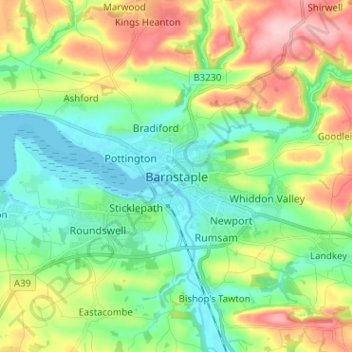 Carte topographique Barnstaple, altitude, relief