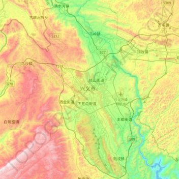 Carte topographique Xingyi, altitude, relief