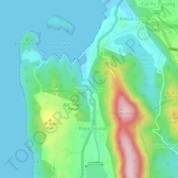 Carte topographique Krueng Raya, altitude, relief