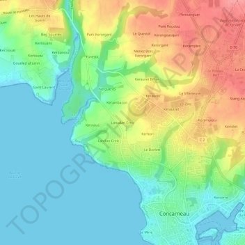 Carte topographique Lanadan Creiz, altitude, relief