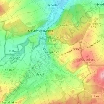 Carte topographique Kirspenich, altitude, relief