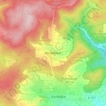 Carte topographique Michelbach, altitude, relief