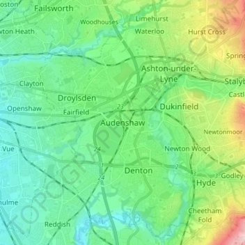 Carte topographique Audenshaw, altitude, relief