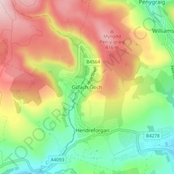 Carte topographique Gilfach Goch, altitude, relief