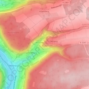 Carte topographique Schloss Tierberg, altitude, relief