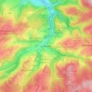 Carte topographique Schönau, altitude, relief