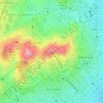 Carte topographique Turó de la Rovira, altitude, relief