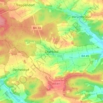 Carte topographique Oberköst, altitude, relief