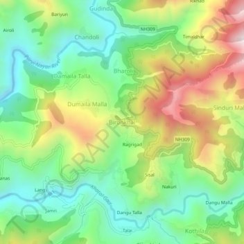 Carte topographique Bironkhal, altitude, relief