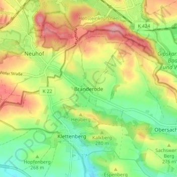 Carte topographique Branderode, altitude, relief