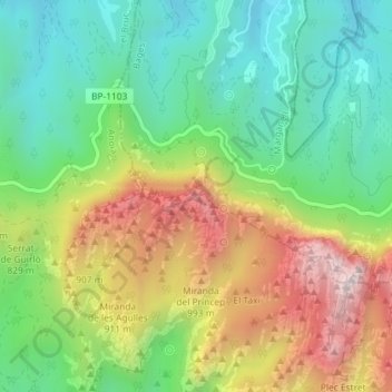 Carte topographique Coll del Lloro, altitude, relief