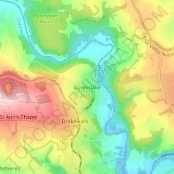 Carte topographique Gunnislake, altitude, relief