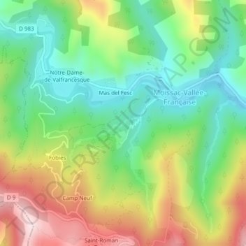 Carte topographique Moissac, altitude, relief