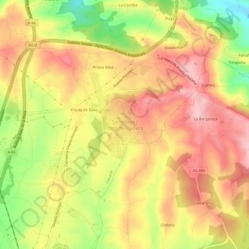 Carte topographique Soto de Llanera, altitude, relief