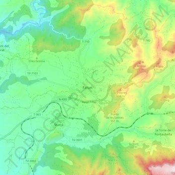 Carte topographique Falset, altitude, relief