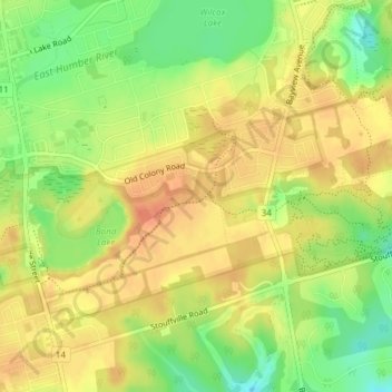 Carte topographique Oak Ridges Corridor Park, altitude, relief