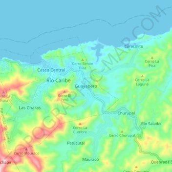 Carte topographique Guayabero, altitude, relief