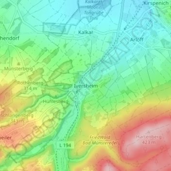 Carte topographique Iversheim, altitude, relief