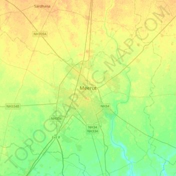 Carte topographique Meerut, altitude, relief