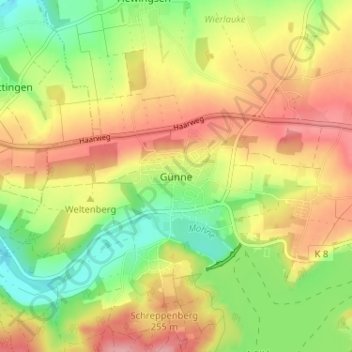 Carte topographique Günne, altitude, relief