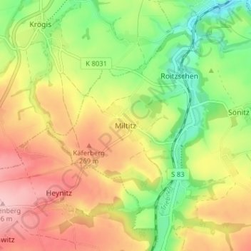 Carte topographique Miltitz, altitude, relief