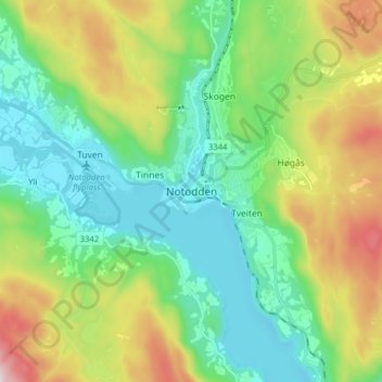 Carte topographique Notodden, altitude, relief