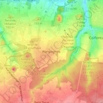 Carte topographique Warquignies, altitude, relief