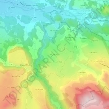 Carte topographique Prunet Bas, altitude, relief