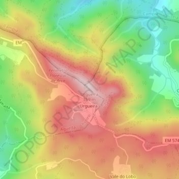Carte topographique Urgueira, altitude, relief
