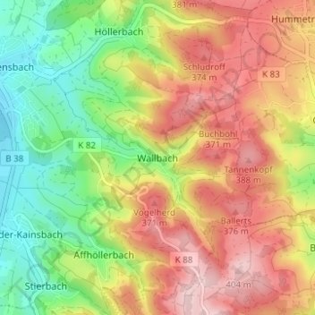 Carte topographique Wallbach, altitude, relief
