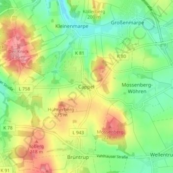 Carte topographique Cappel, altitude, relief