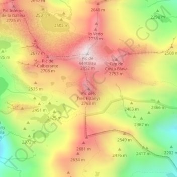 Carte topographique Pic dels Tres Estanys, altitude, relief