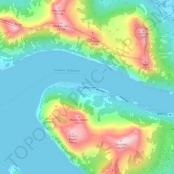 Carte topographique Gryllefjorden, altitude, relief