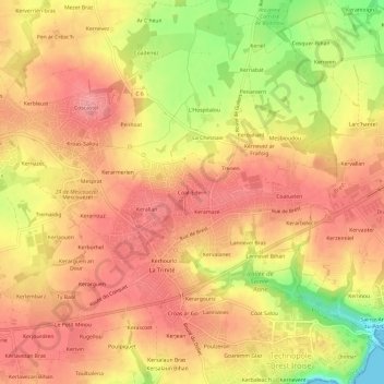 Carte topographique Coat-Edern, altitude, relief