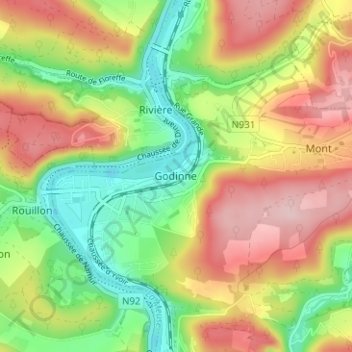Carte topographique Godinne, altitude, relief