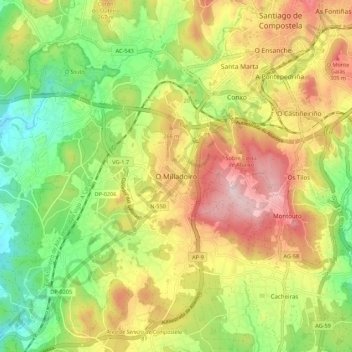 Carte topographique O Milladoiro, altitude, relief